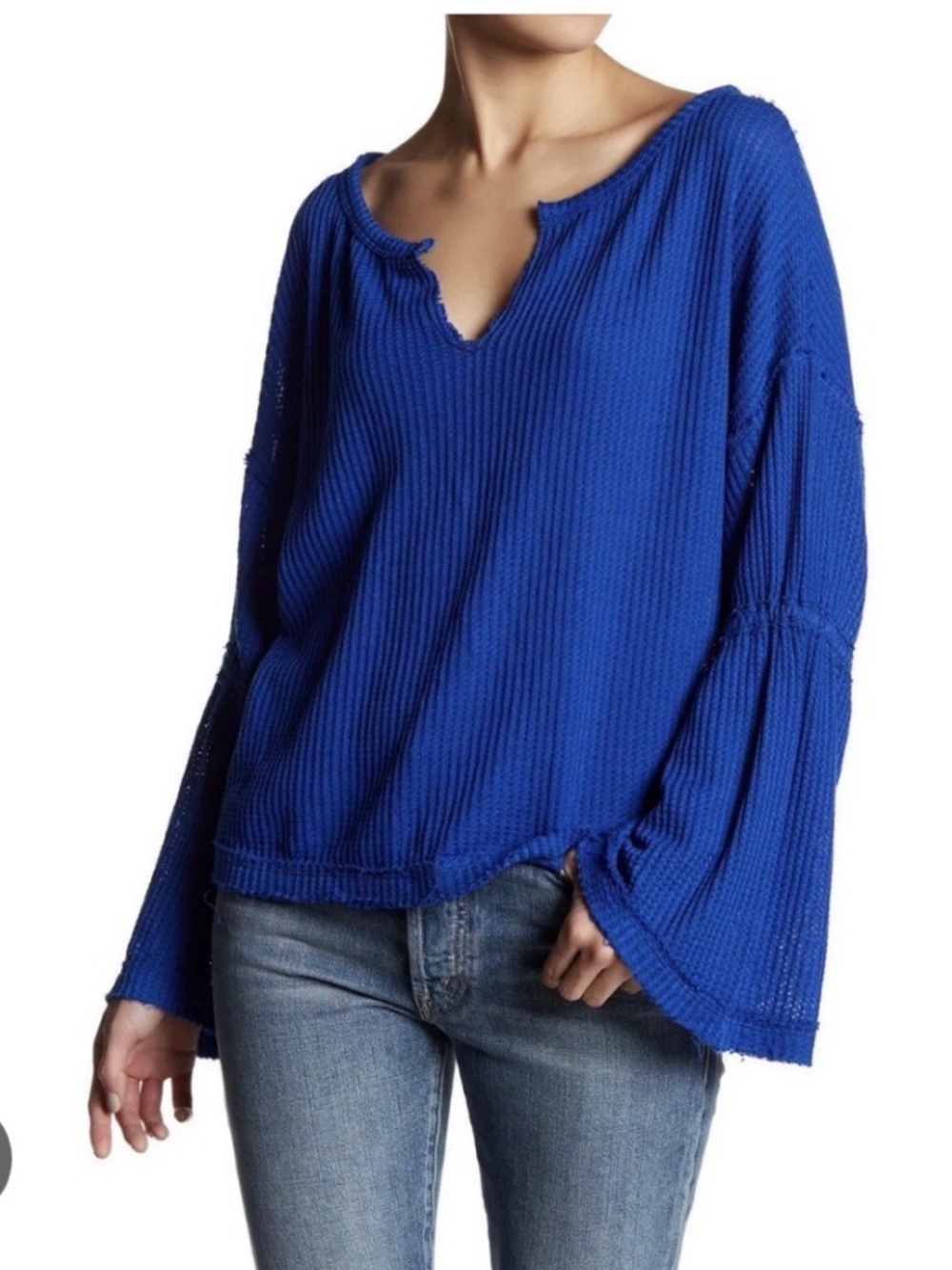 Free People Waffle-Knit Split-Neck Womens Top in Royal Blue